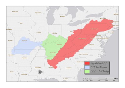 This map details the boundaries of the Central Hardwood Joint Venture and the Appalachian LCC, detailing where the two partnerships areas of research and management overlap.