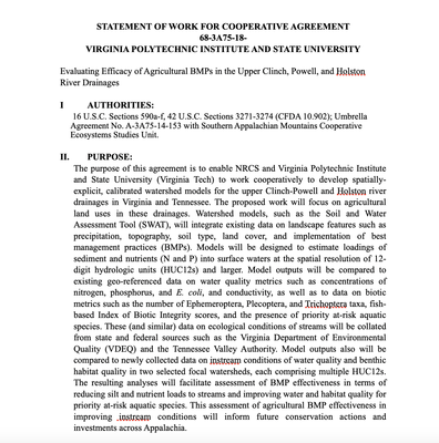 Statement of Work: Evaluating Efficacy of Agricultural BMPs in the Upper Clinch, Powell, and Holston River Drainages
