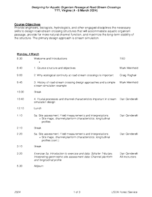 Agenda: Designing for Aquatic Organism Passage at Road-Stream Crossings, Virgina (4 - 8 March 2024)